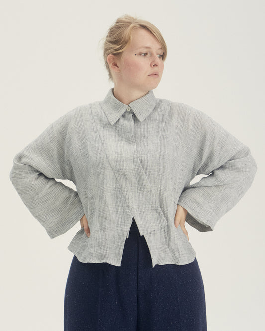 Grå ternet kimono bluse (hør)